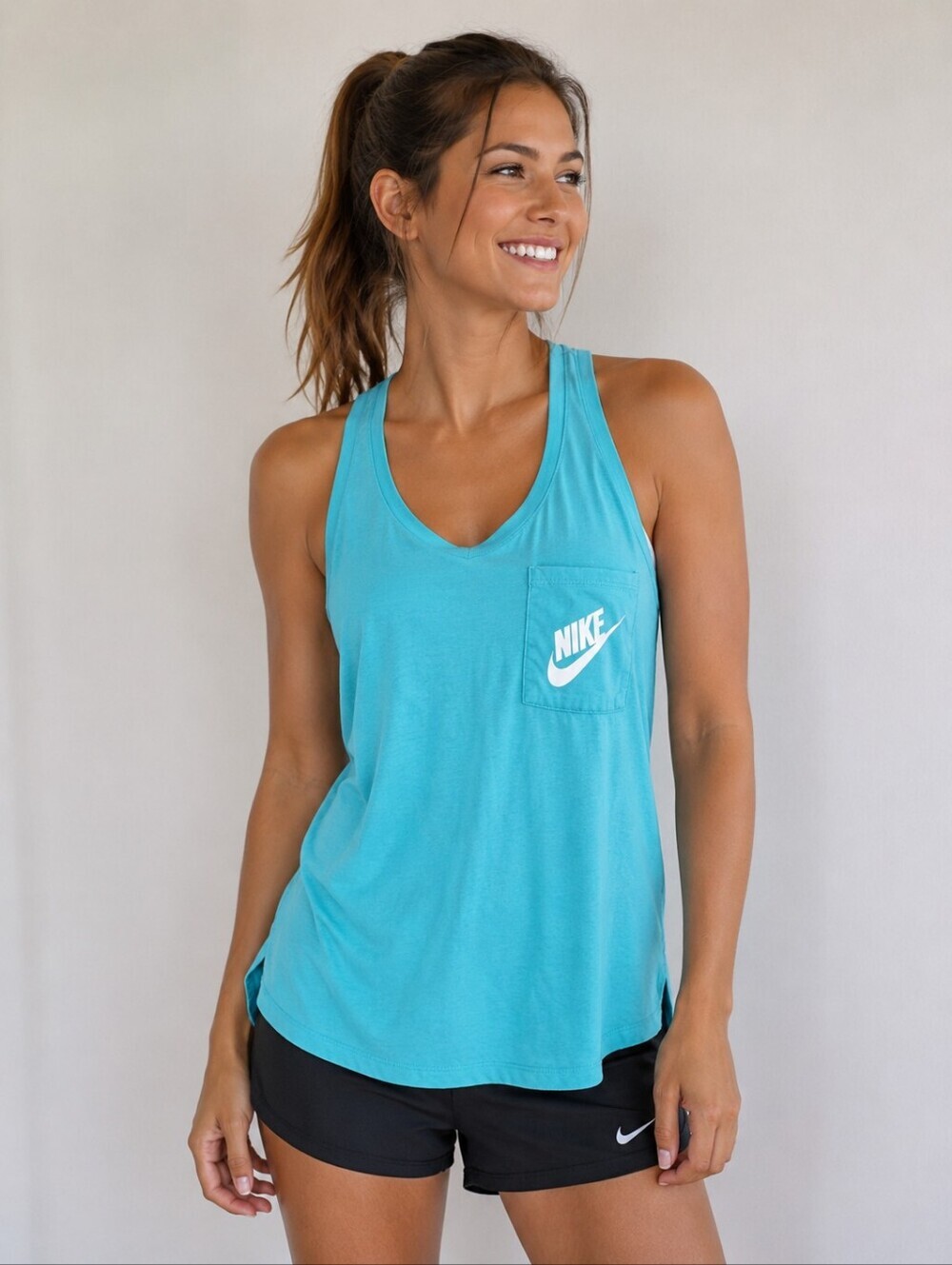NIKE Single Front Pocket Logo Tank Top Teal Racerback Women's XS Hi-Low Athletic
